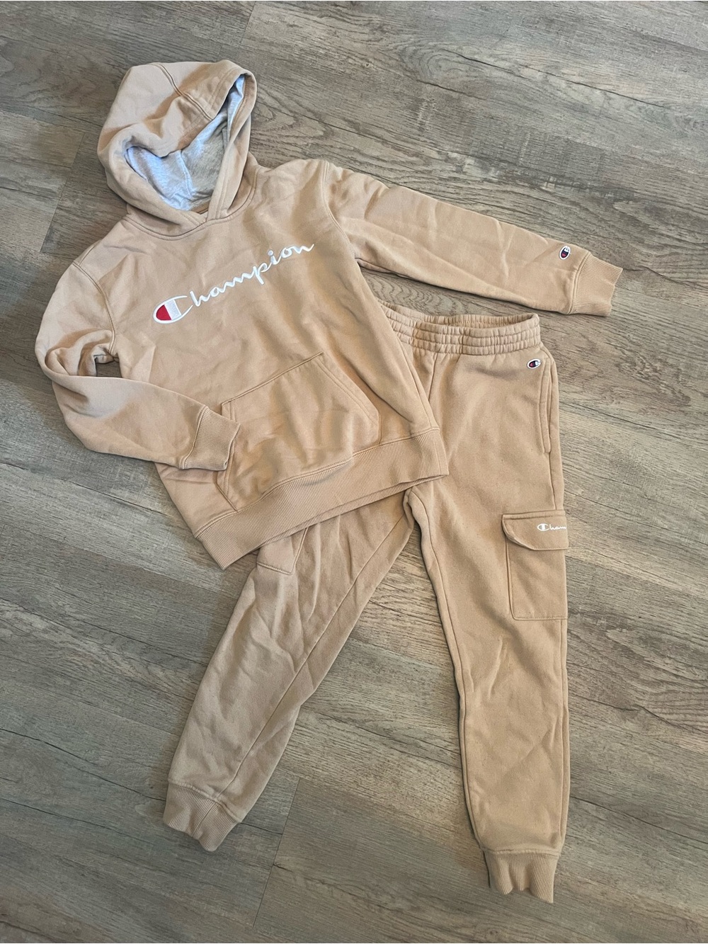 Champion Kids Tan Hoodie & Jogger Set - Cozy Sweatshirt and Cargo Sweatpants